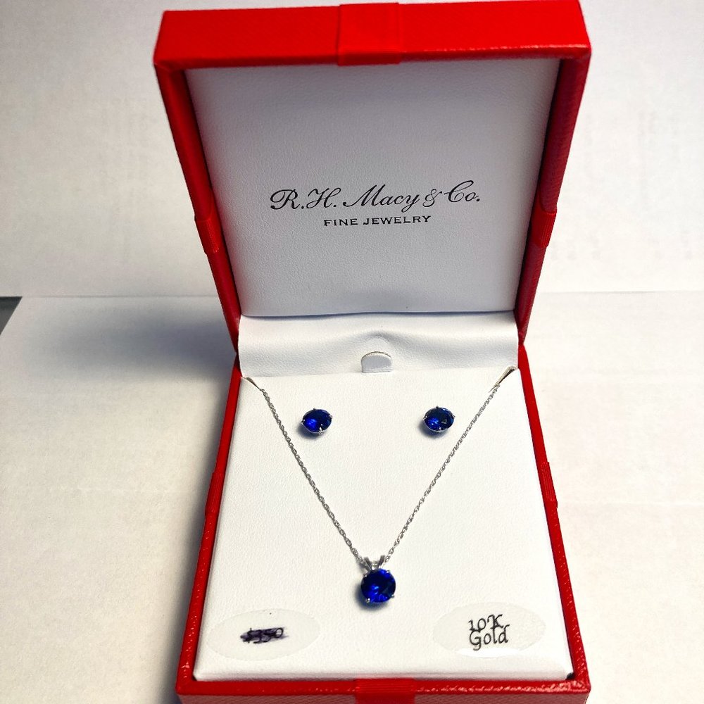 Macy's 10 K White Gold Sapphire Earrings and Necklace Set